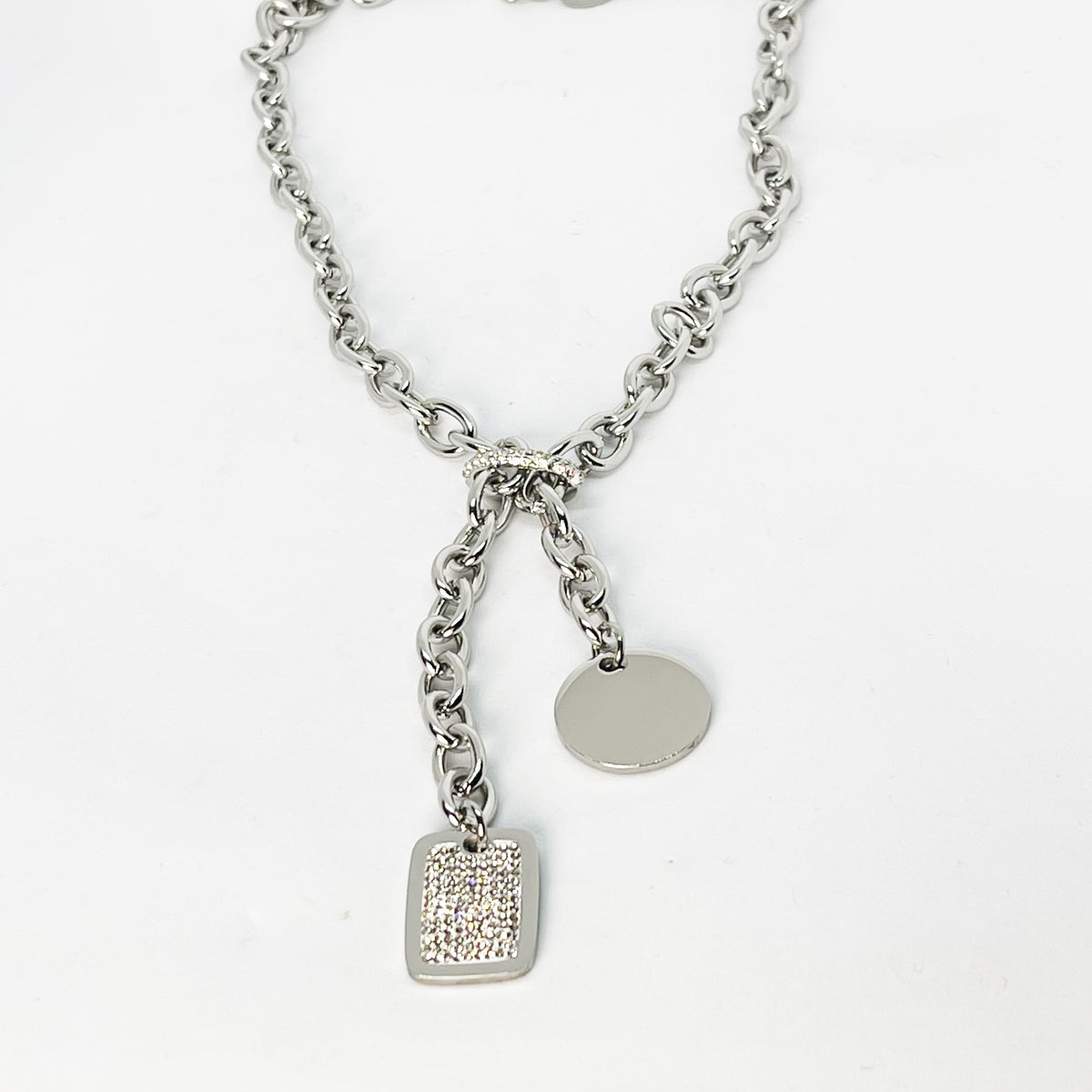 Collier Rectangle Cristaux Chaîne Épaisse Argenté