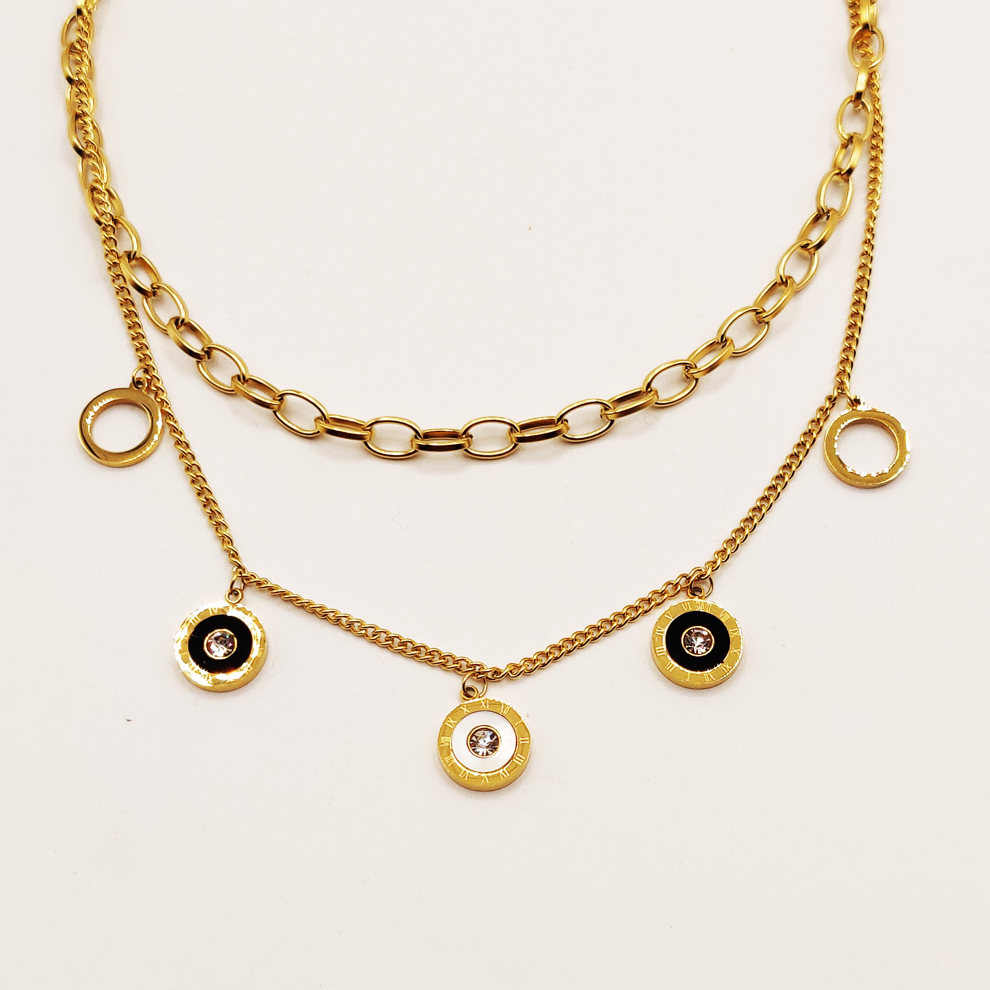 Collier Romain Chaîne Double Cercles Noirs et Blancs