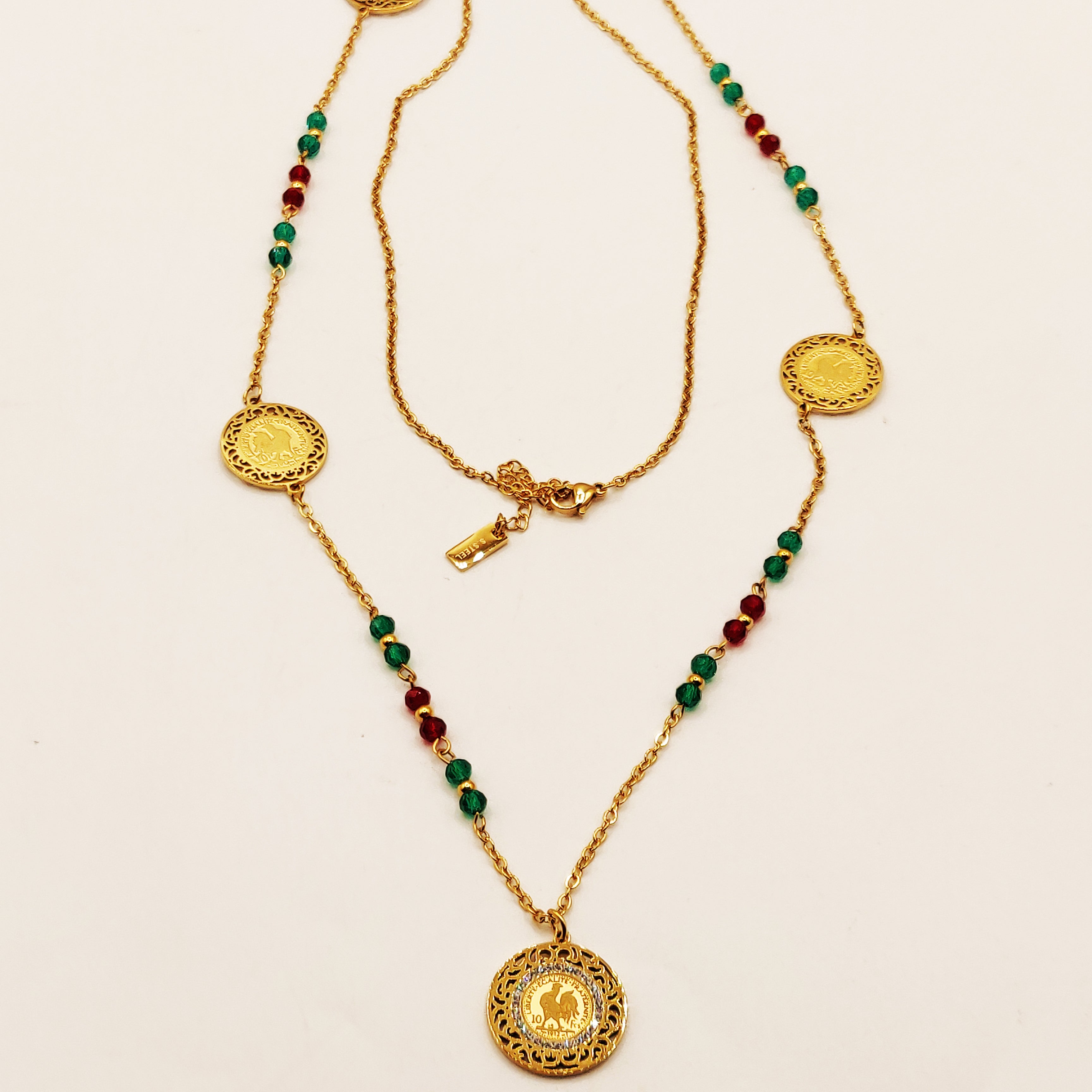 Collier / Sautoir Louise Coq Perles Vertes et Rouges Luxe
