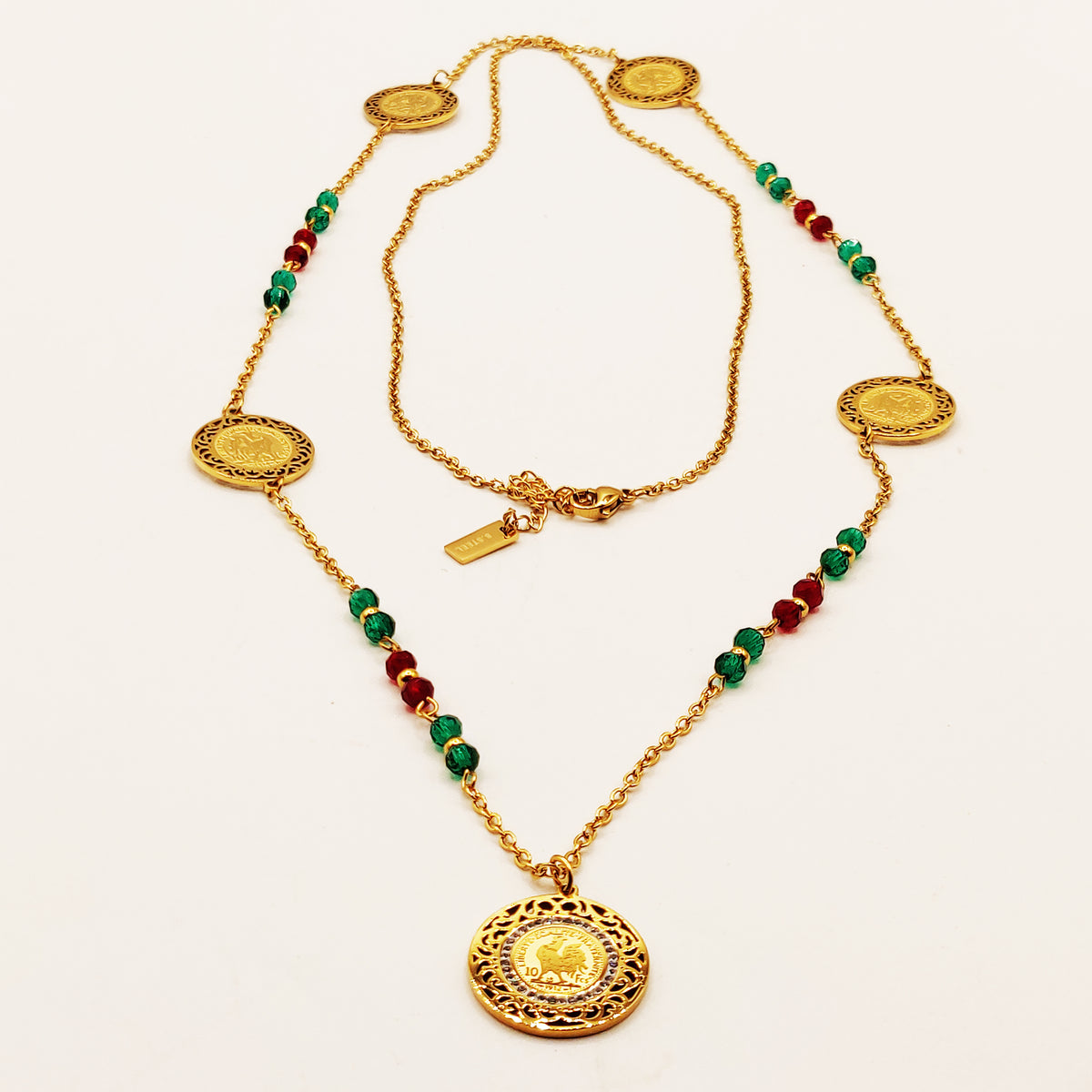 Collier / Sautoir Louise Coq Perles Vertes et Rouges Luxe