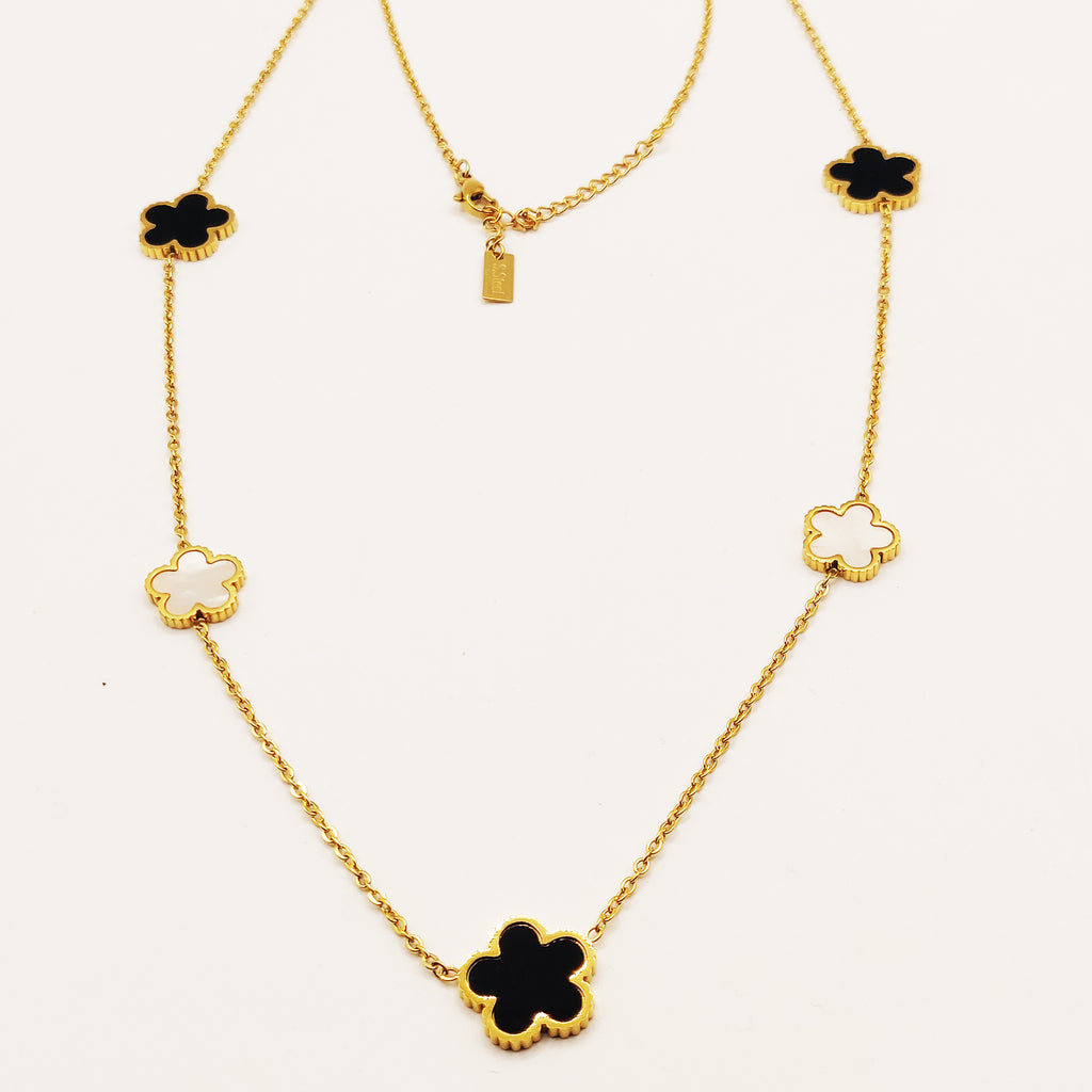 Collier Sautoir Marguerites Noires et Blanches Nacrées