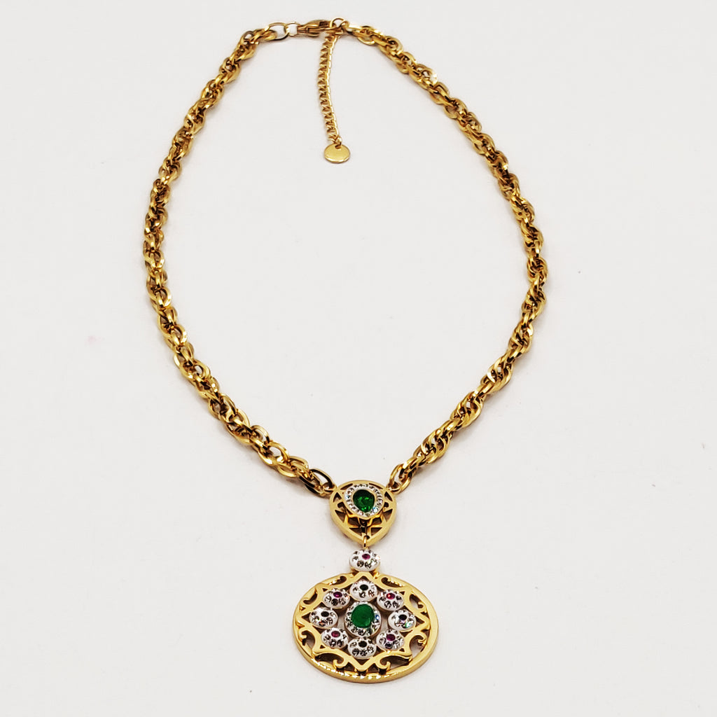 Collier Torsade Cercle Oriental Cristaux Verts et Roses Luxe