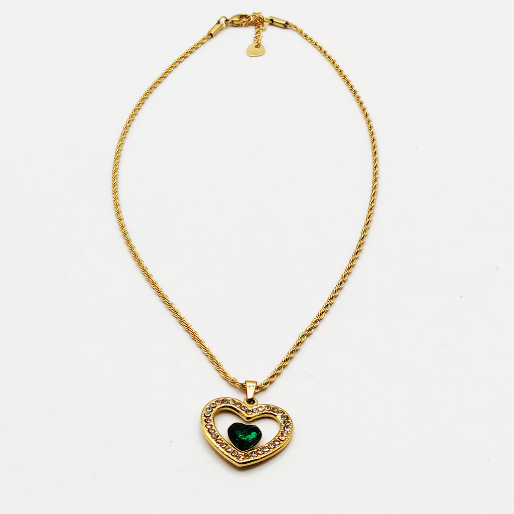 Collier Torsade Multi Ligne Coeur Tour Cristaux et Coeur Vert Luxe
