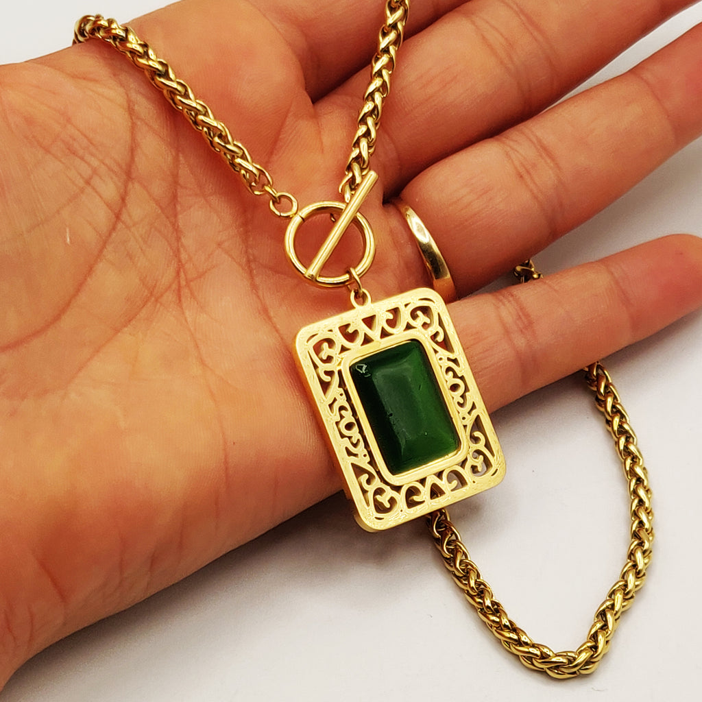 Collier Torsade Rectangle Oriental Pierre Verte Luxe