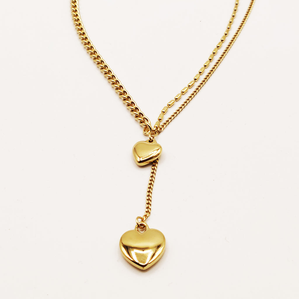 Collier Tresse Double Pendentifs Coeurs