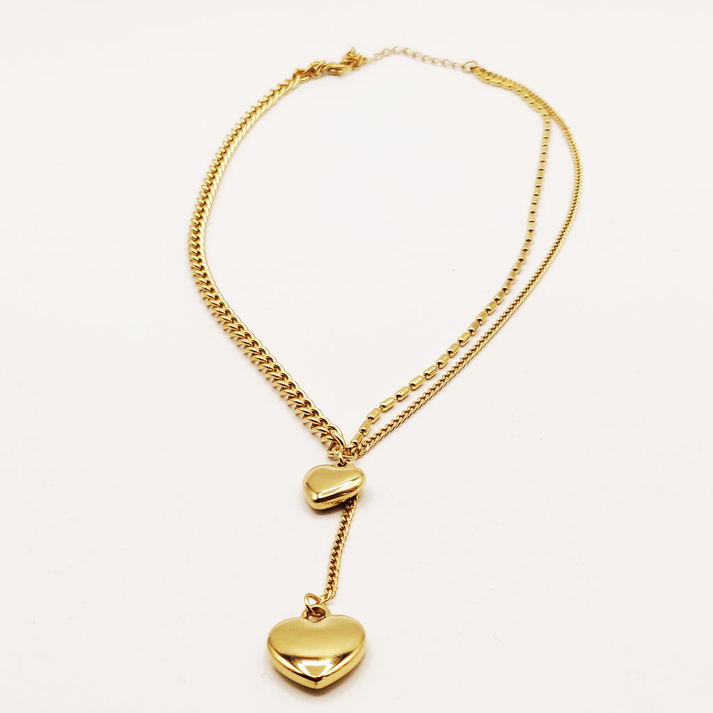 Collier Tresse Double Pendentifs Coeurs