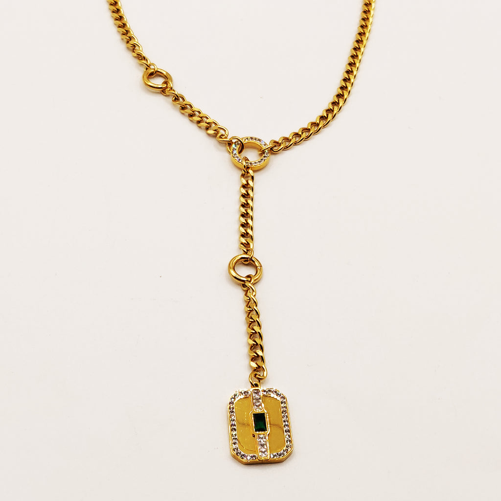 Collier Tresse Pendentif Descendant Plaque Cristal Vert Luxe