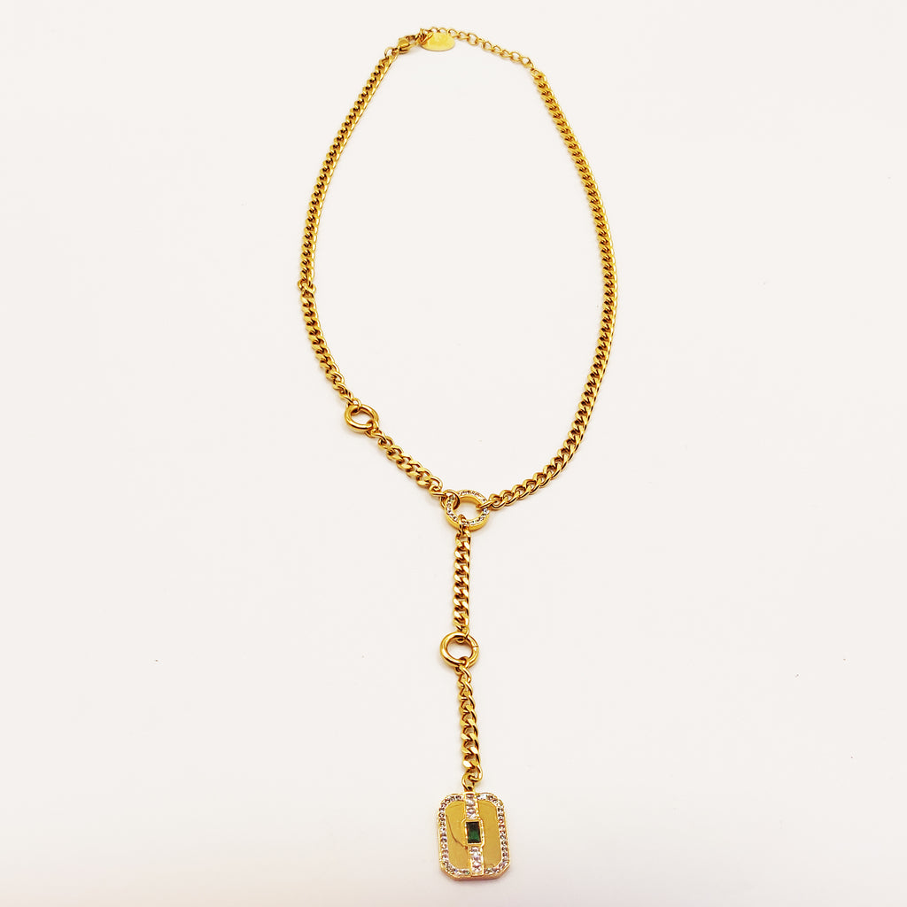 Collier Tresse Pendentif Descendant Plaque Cristal Vert Luxe