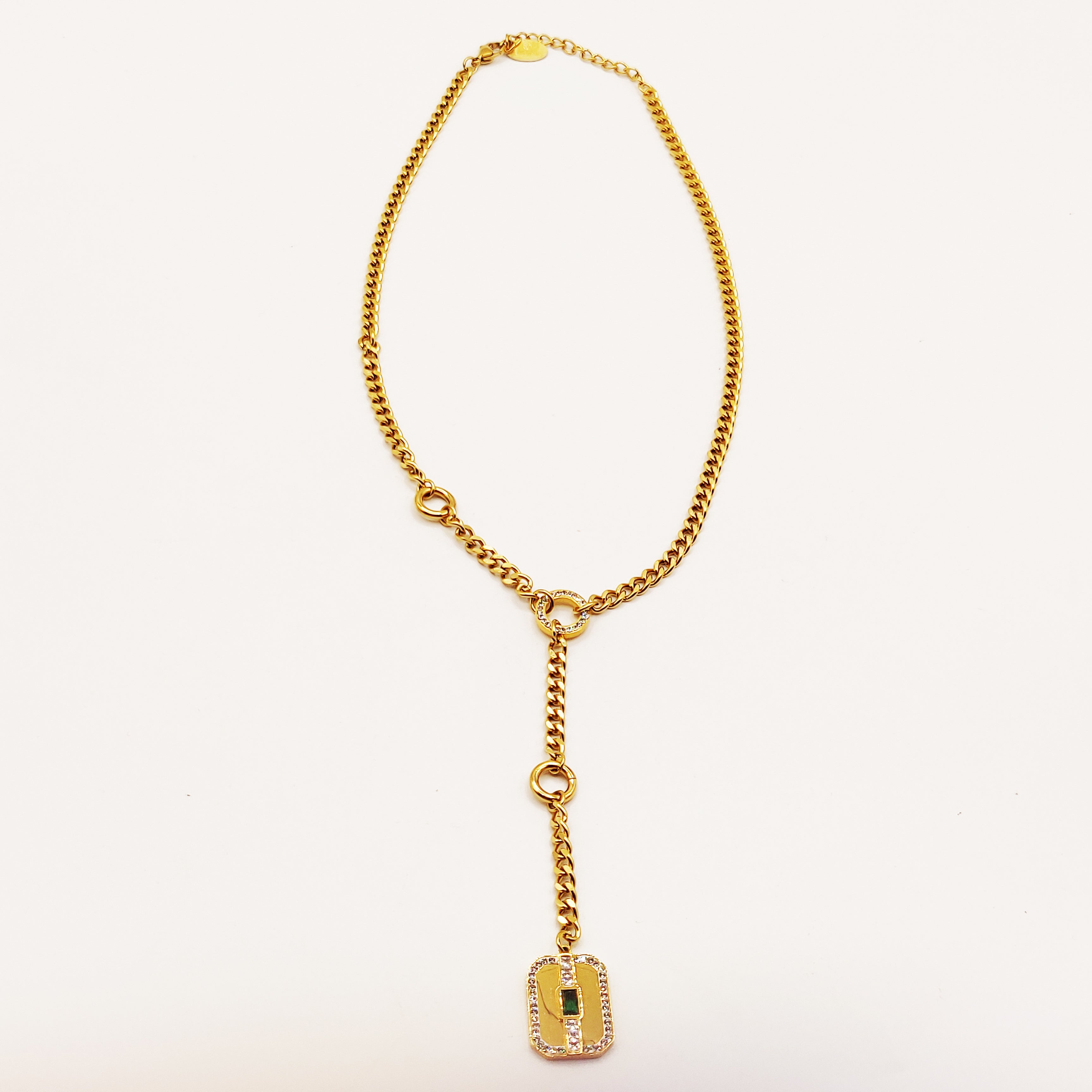 Collier Tresse Pendentif Descendant Plaque Cristal Vert Luxe