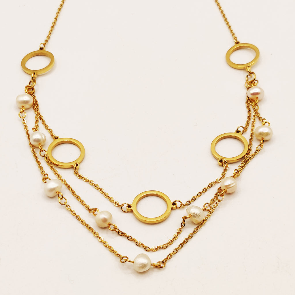 Collier Triple Cercles et Perles d'imitation Blanches Luxe