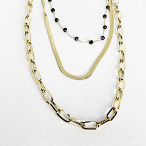 Collier Triple Chaîne Maille et Perles Noires