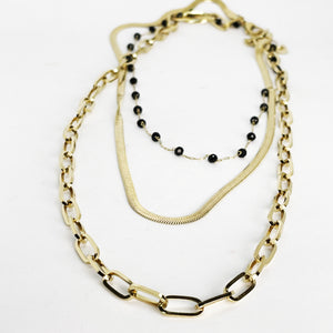 Collier Triple Chaîne Maille et Perles Noires