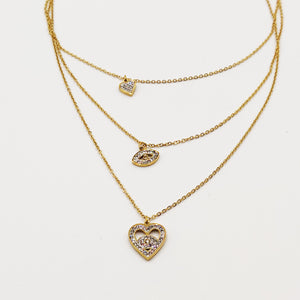Collier Triple Coeur et Oeil Cristaux