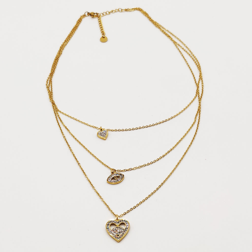 Collier Triple Coeur et Oeil Cristaux