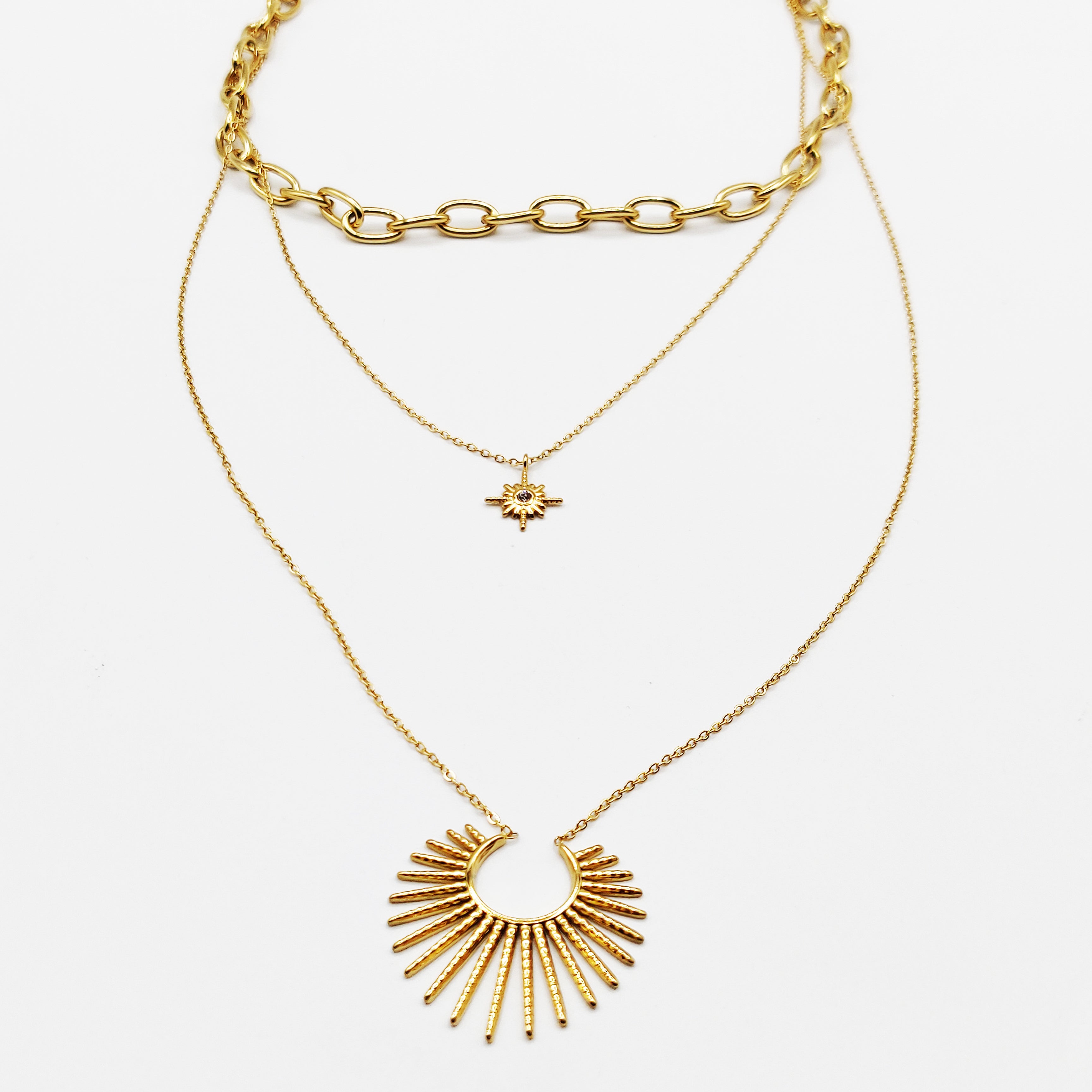 Collier Triple Pendentifs Soleil et Étoile du Nord