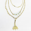Collier Triple Perles Bleues Clair et Feuilles