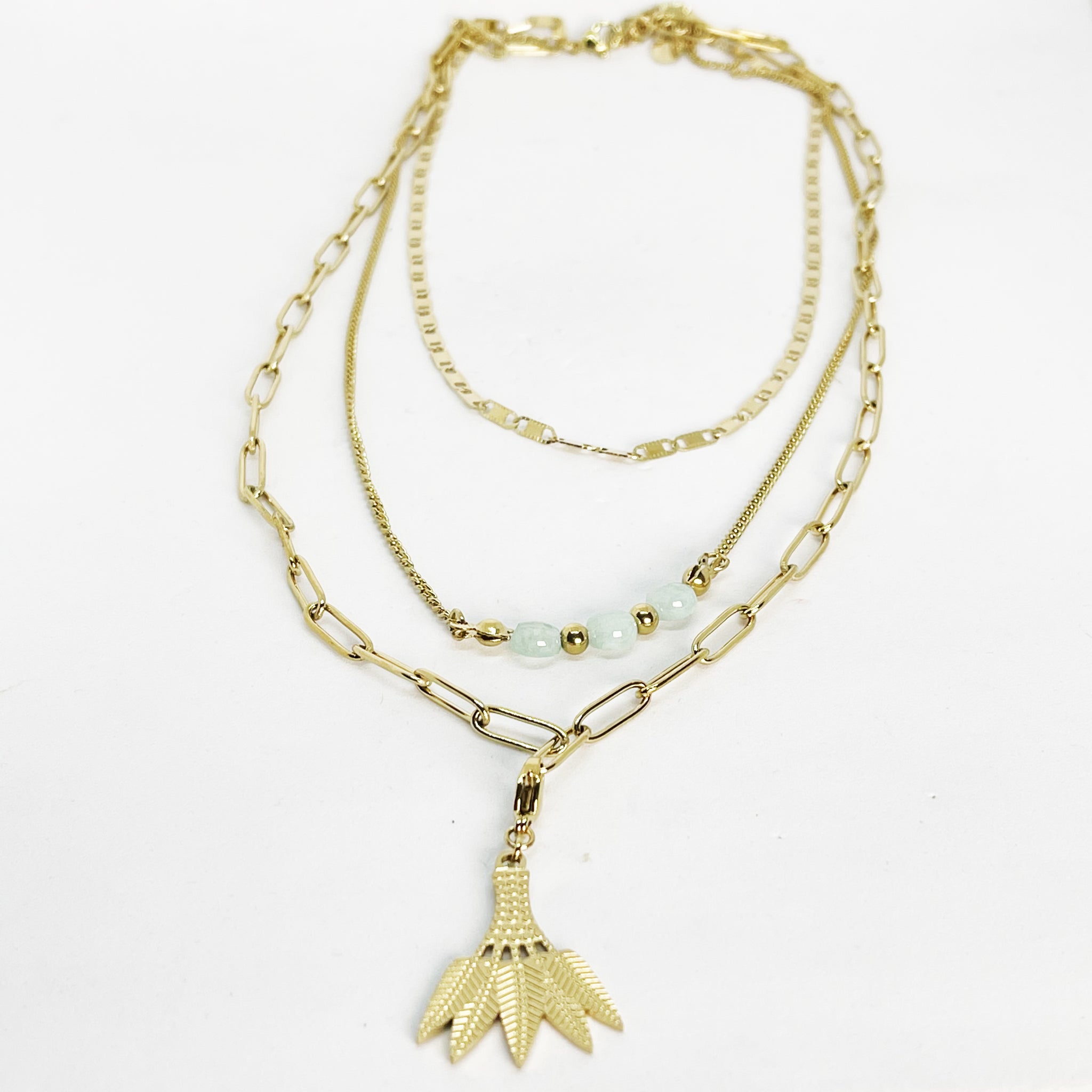 Collier Triple Perles Bleues Clair et Feuilles