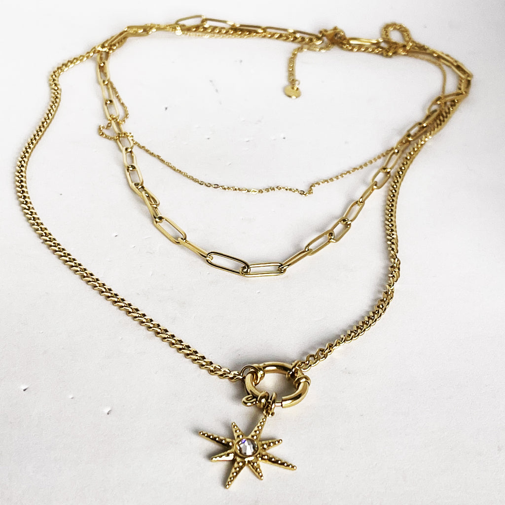 Collier Triple Chaîne Étoile Cristal