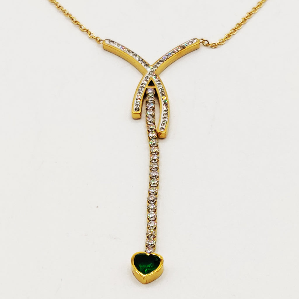 Collier X Cristaux Coeur Vert Descendant Luxe