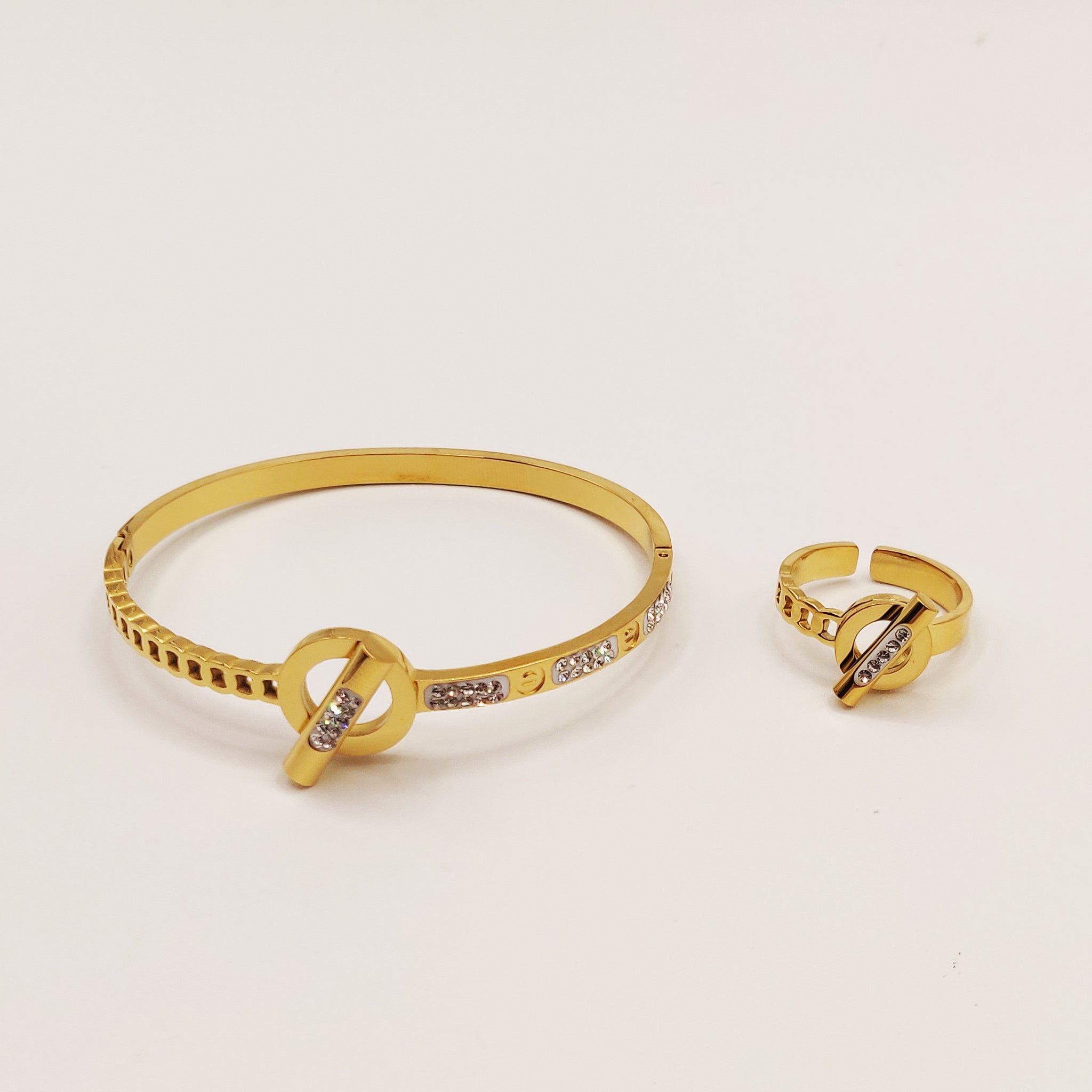 Ensemble Bracelet et Bague Chaîne Prestige Vis Cristaux et Cercle et Barre