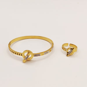 Ensemble Bracelet et Bague Chaîne Prestige Vis Cristaux et Cercle et Barre