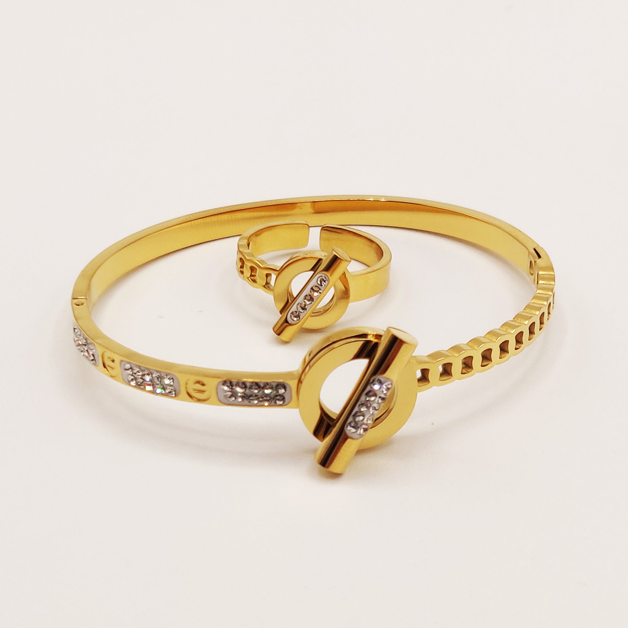 Ensemble Bracelet et Bague Chaîne Prestige Vis Cristaux et Cercle et Barre