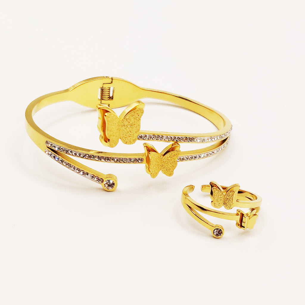 Ensemble Bracelet et Bague Double Papillons Luxe