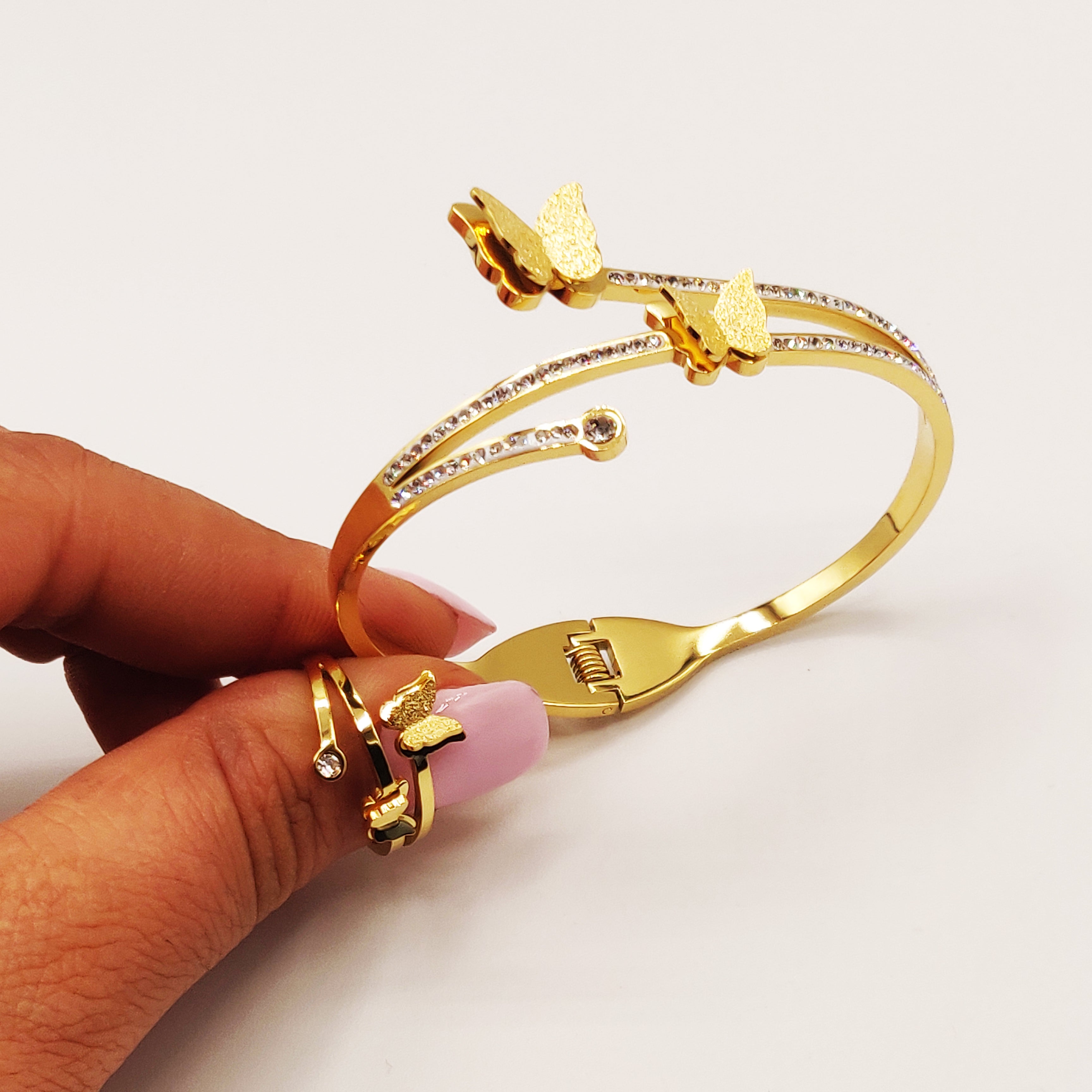 Ensemble Bracelet et Bague Double Papillons Luxe