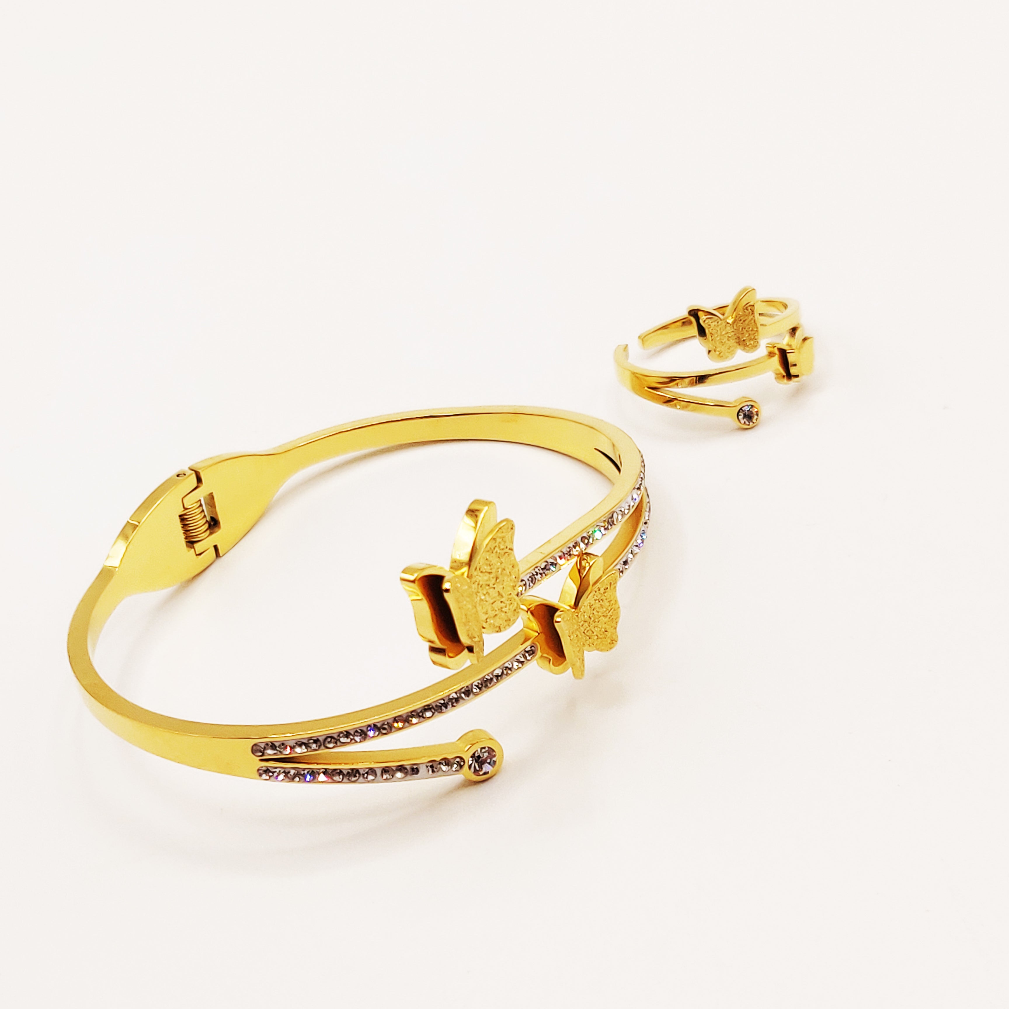 Ensemble Bracelet et Bague Double Papillons Luxe