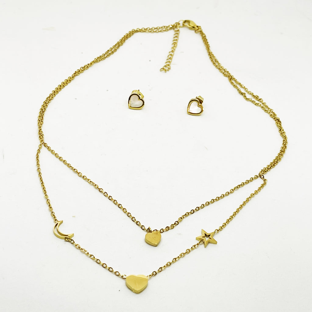 Ensemble Collier et Boucles d'oreilles Coeurs Étoile et Lune