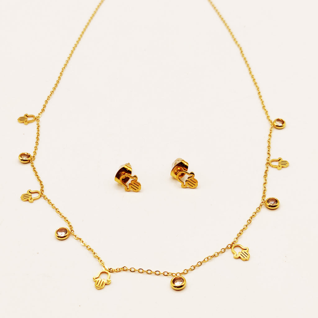 Ensemble Collier et Boucles d'oreilles Mains de Fatma Creuses et Cristaux