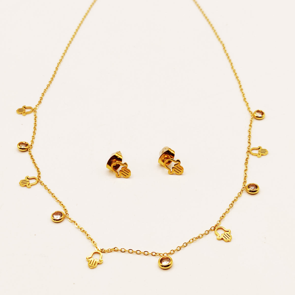 Ensemble Collier et Boucles d'oreilles Mains de Fatma Creuses et Cristaux