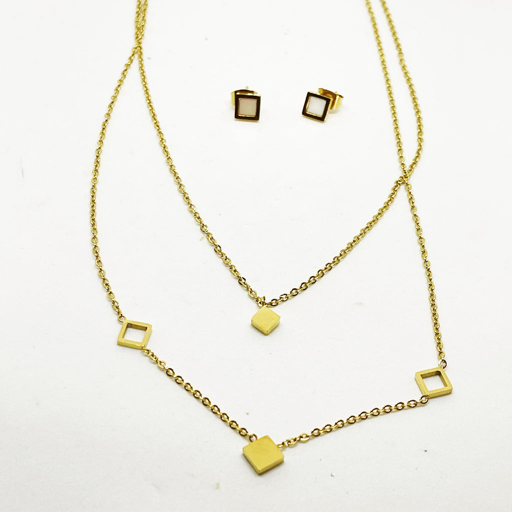 Ensemble Collier et Boucles d'oreilles Multi Carrés