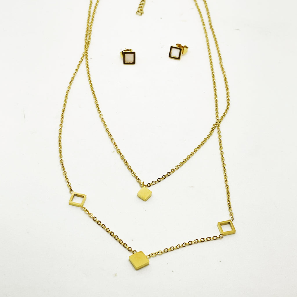 Ensemble Collier et Boucles d'oreilles Multi Carrés