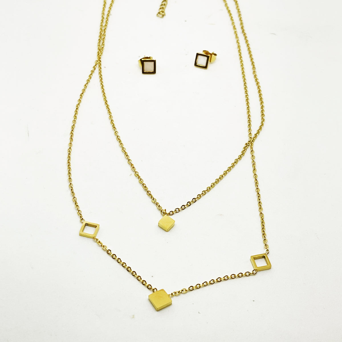 Ensemble Collier et Boucles d'oreilles Multi Carrés