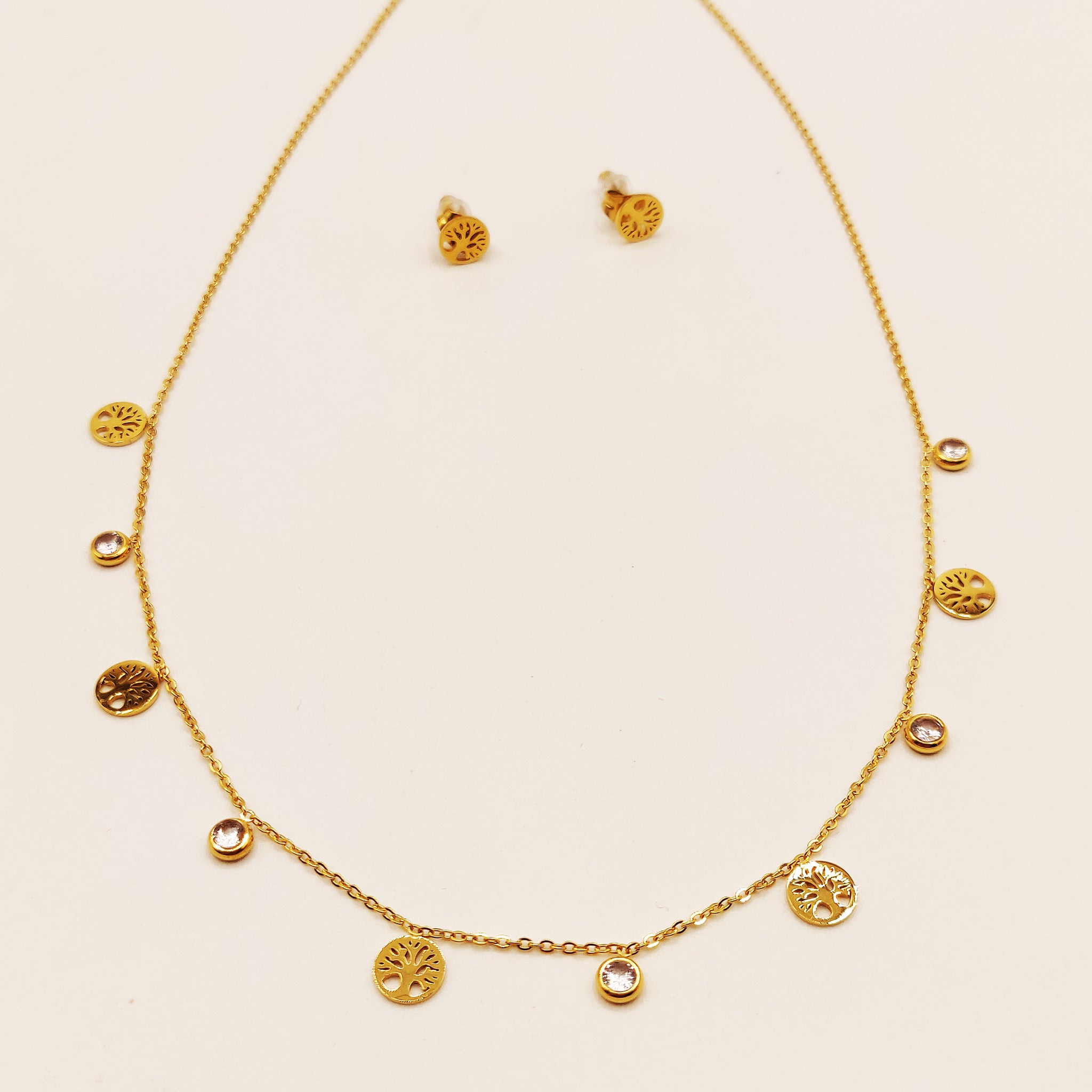 Ensemble Bijou Femme Collier Et Boucles D'oreilles - Acier Inoxydable Doré Avec Cristaux, Neuf